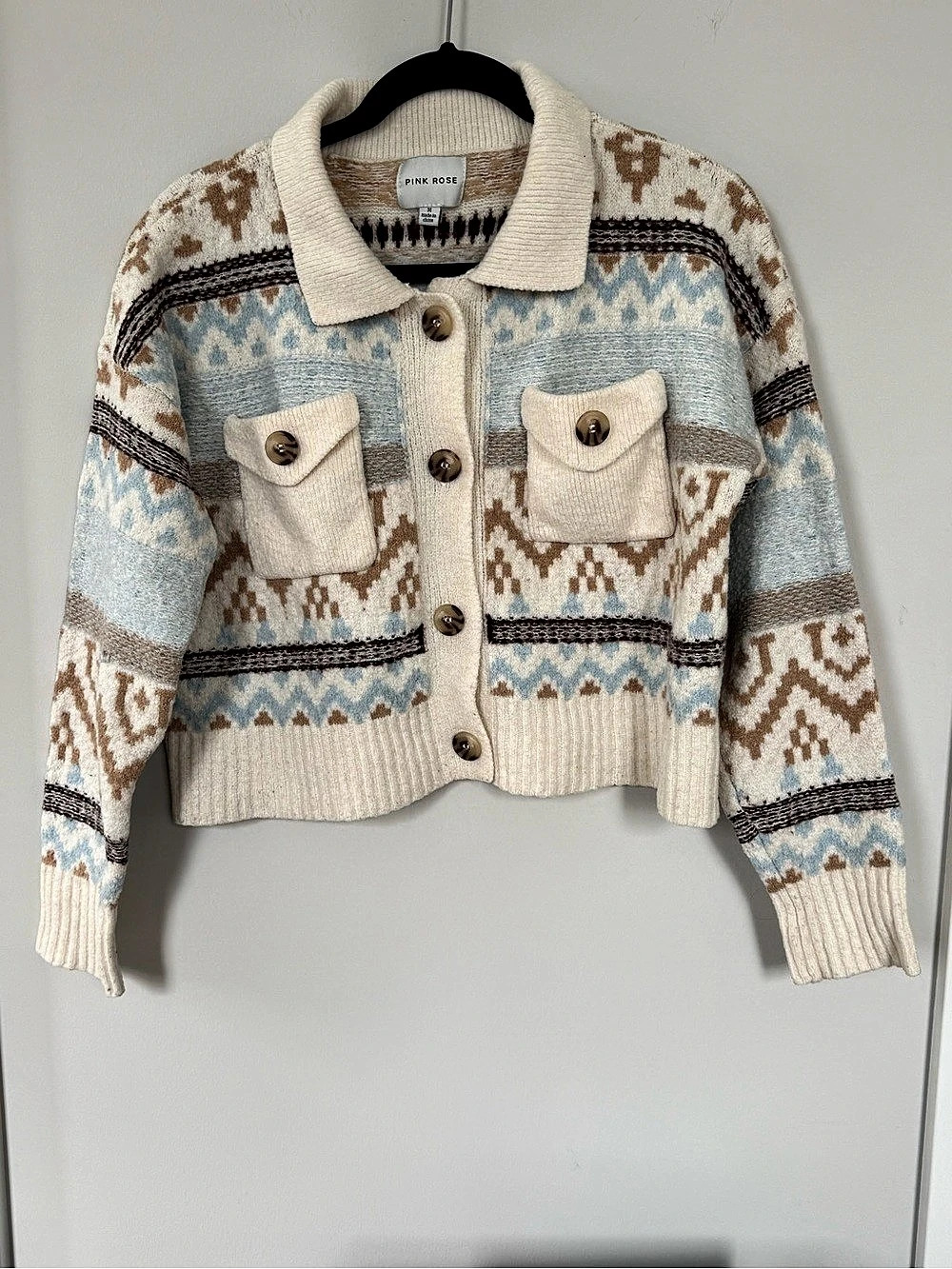 Pink Rose Cream Blue Fair Isle Collared Cropped Cardigan Size M